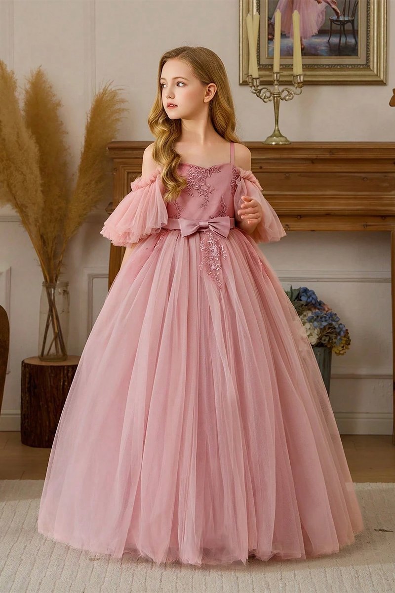 Girls Dusty Pink Off Shoulder Lace Tulle Floor-Length Dress