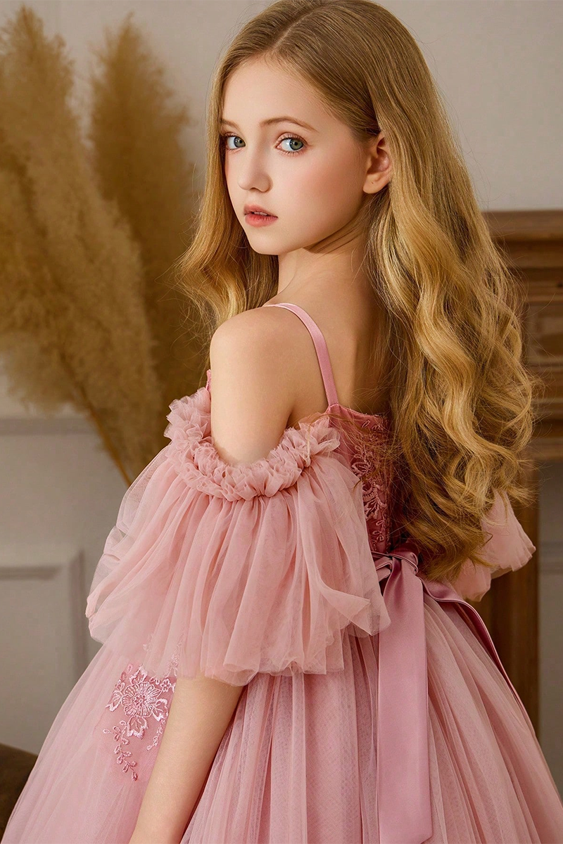 Girls Dusty Pink Off Shoulder Lace Tulle Floor-Length Dress