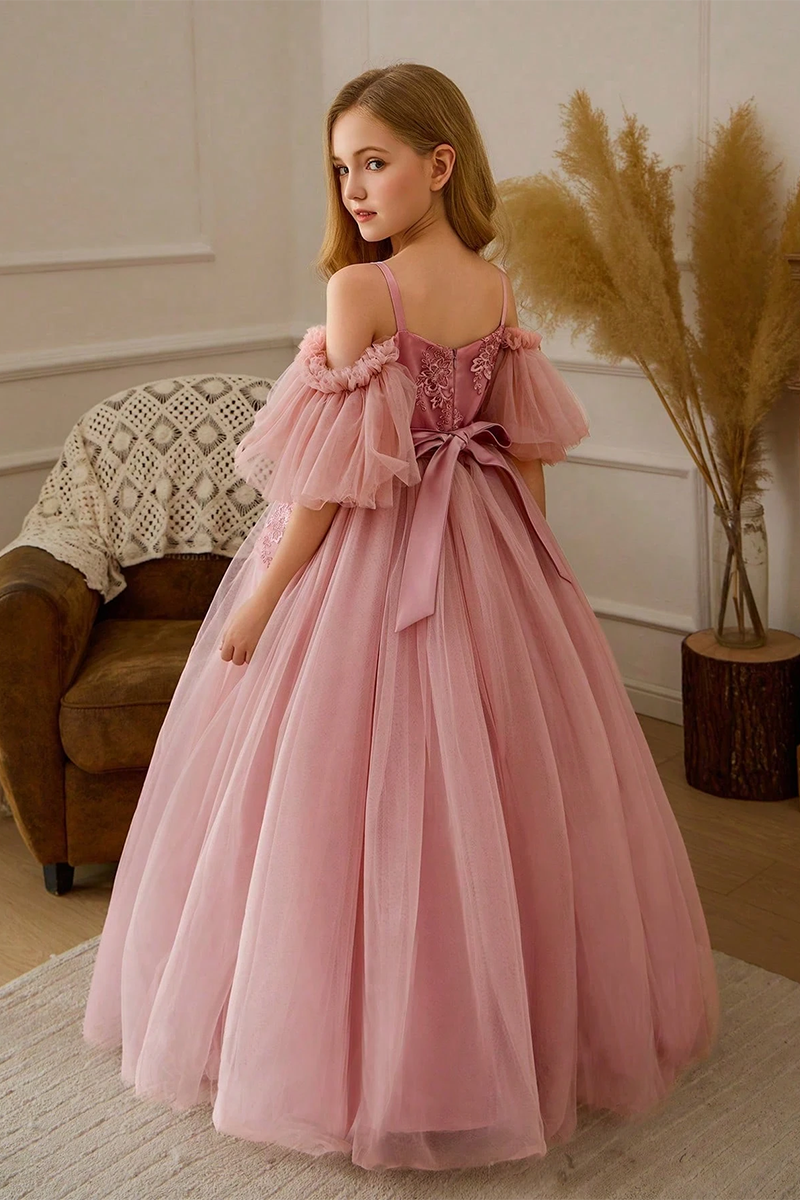 Girls Dusty Pink Off Shoulder Lace Tulle Floor-Length Dress