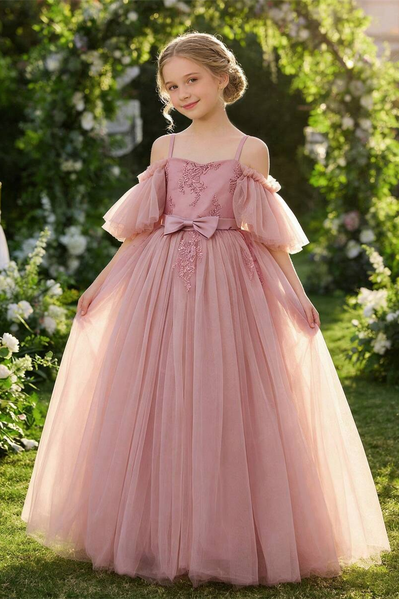 Girls Dusty Pink Off Shoulder Lace Tulle Floor-Length Dress