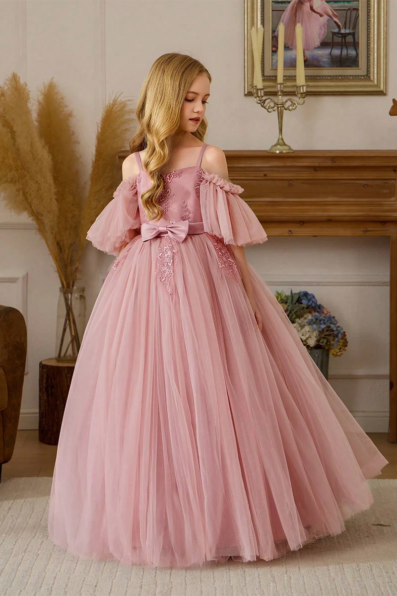 Girls Dusty Pink Off Shoulder Lace Tulle Floor-Length Dress