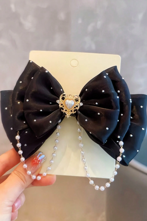 Blue Organza 3-Layer Rhinestone Pearl Chain Bow Hair Clip