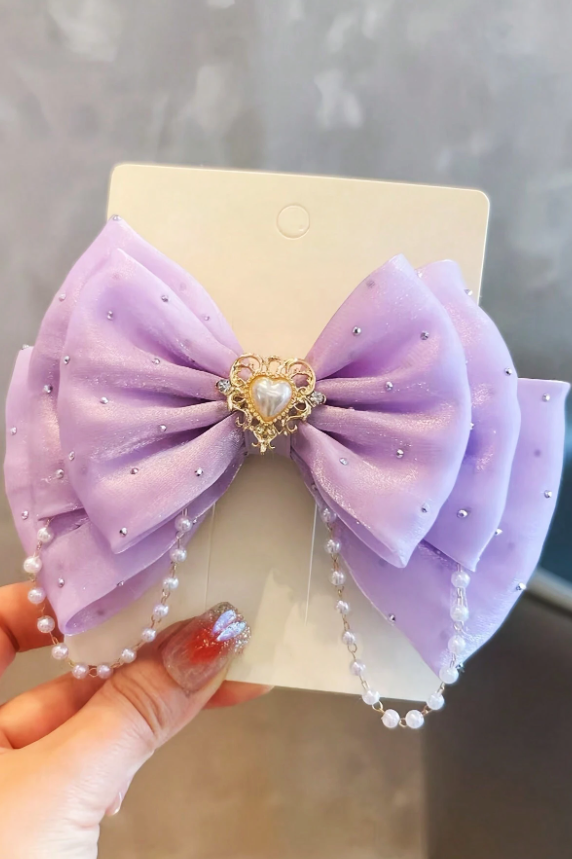 Blue Organza 3-Layer Rhinestone Pearl Chain Bow Hair Clip