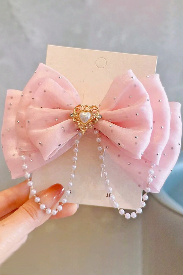 Blue Organza 3-Layer Rhinestone Pearl Chain Bow Hair Clip