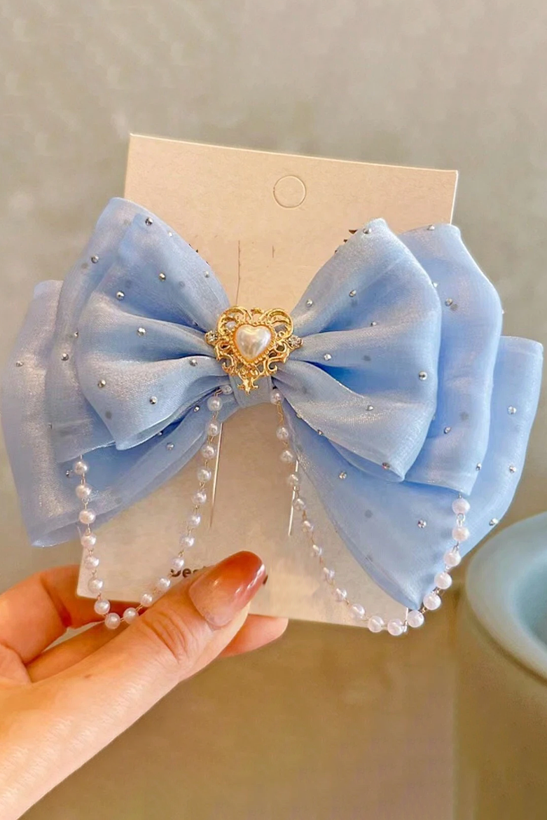Blue Organza 3-Layer Rhinestone Pearl Chain Bow Hair Clip