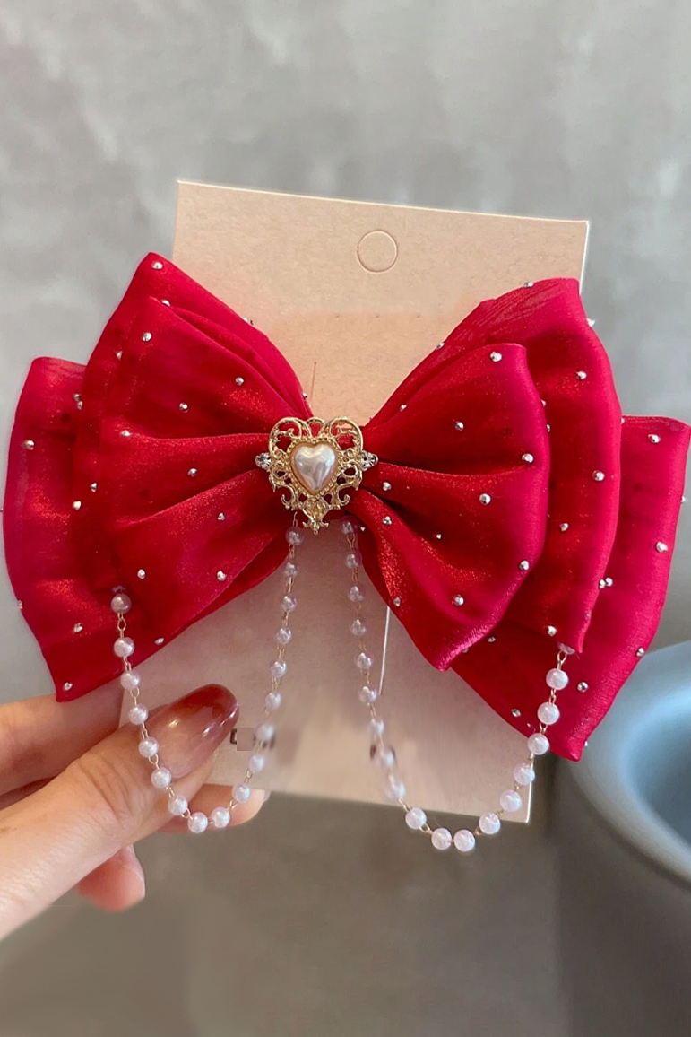 Blue Organza 3-Layer Rhinestone Pearl Chain Bow Hair Clip