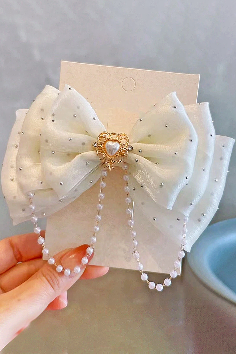 Blue Organza 3-Layer Rhinestone Pearl Chain Bow Hair Clip