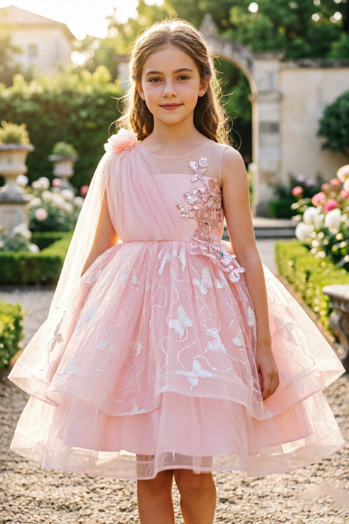 Pink Sequin Butterfly Print Tulle Dress with Floral Cape Shawl