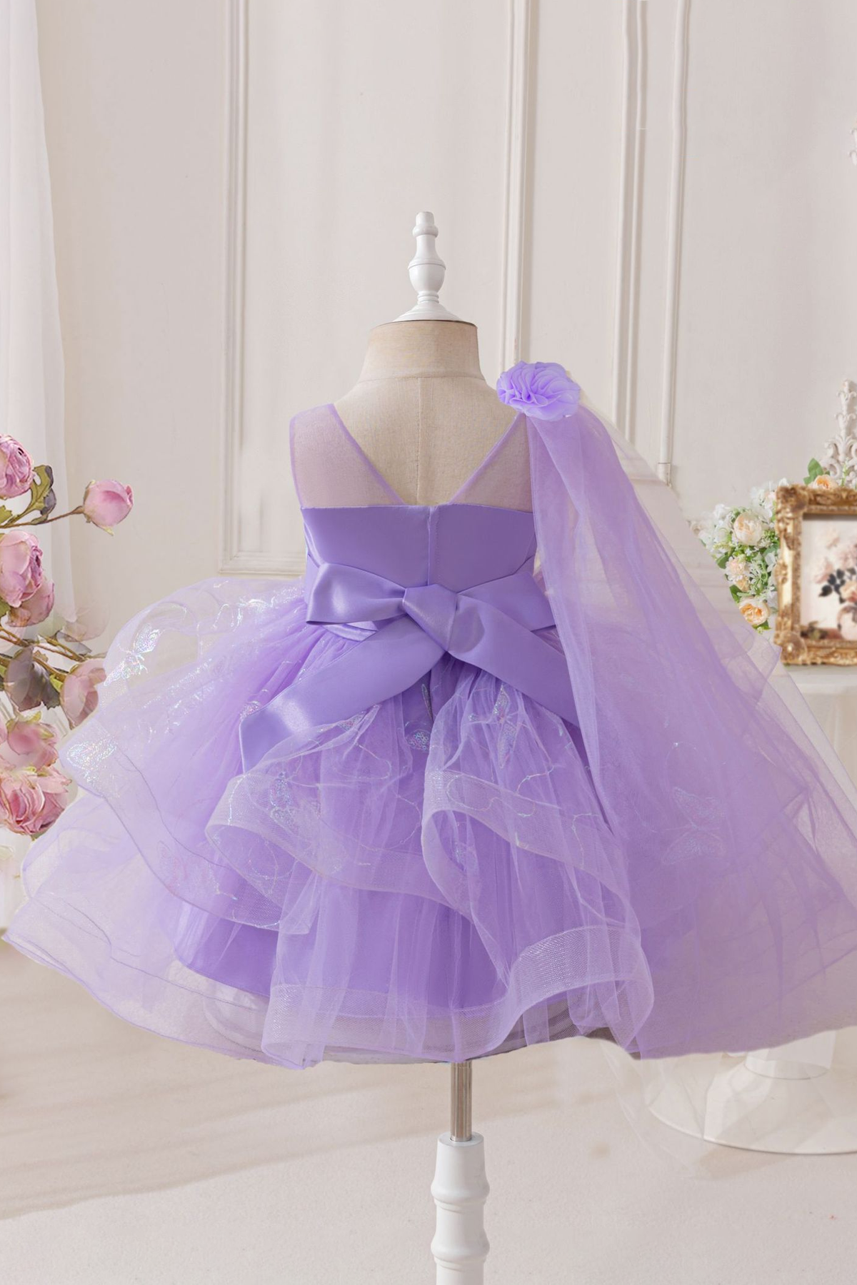 Pink Sequin Butterfly Print Tulle Dress with Floral Cape Shawl