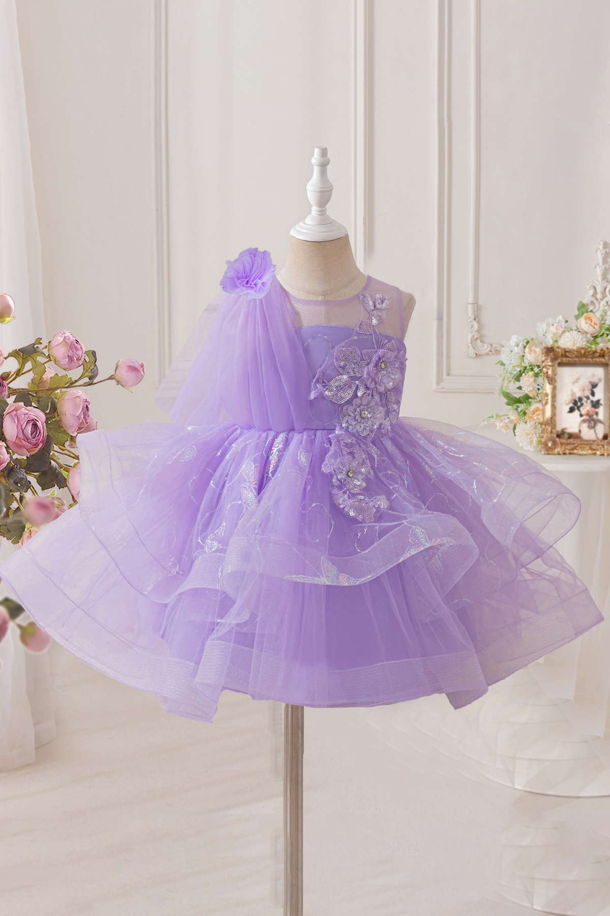 Pink Sequin Butterfly Print Tulle Dress with Floral Cape Shawl