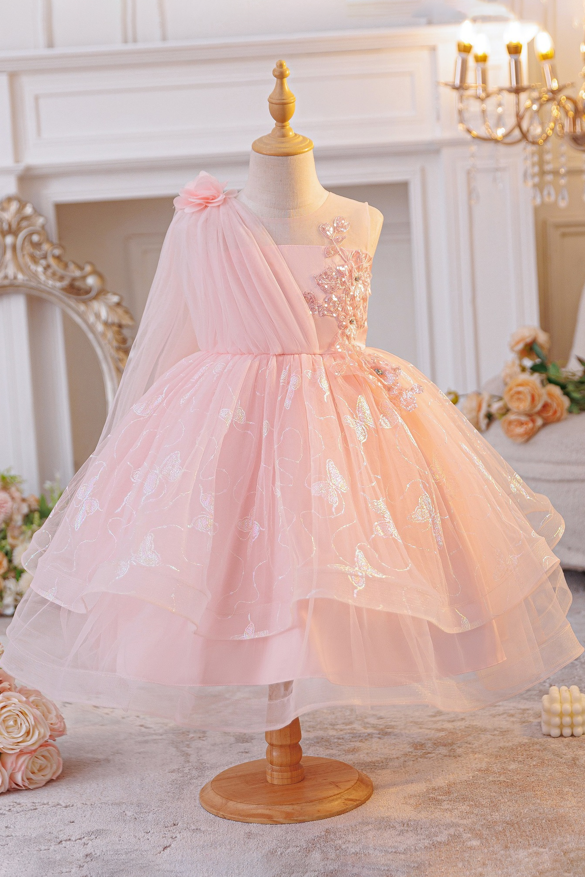 Pink Sequin Butterfly Print Tulle Dress with Floral Cape Shawl