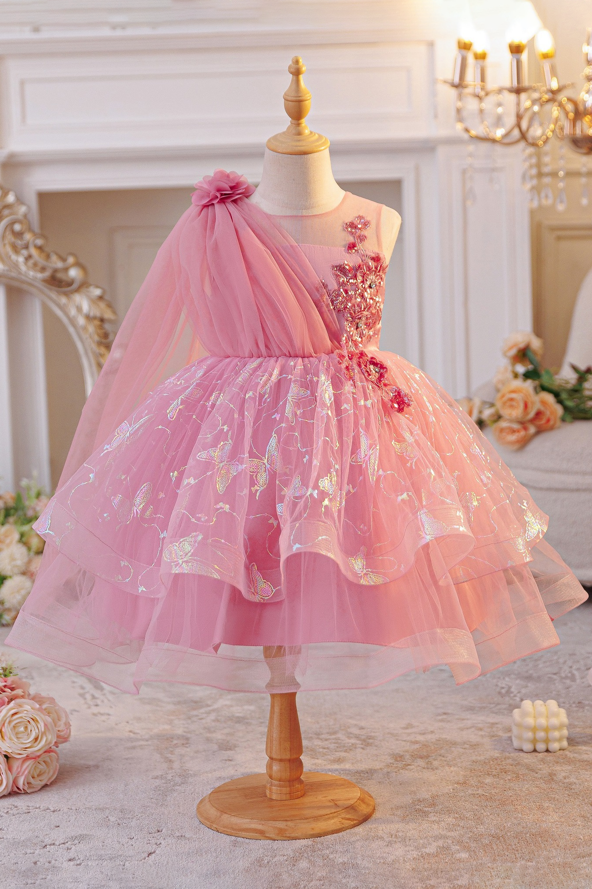 Pink Sequin Butterfly Print Tulle Dress with Floral Cape Shawl