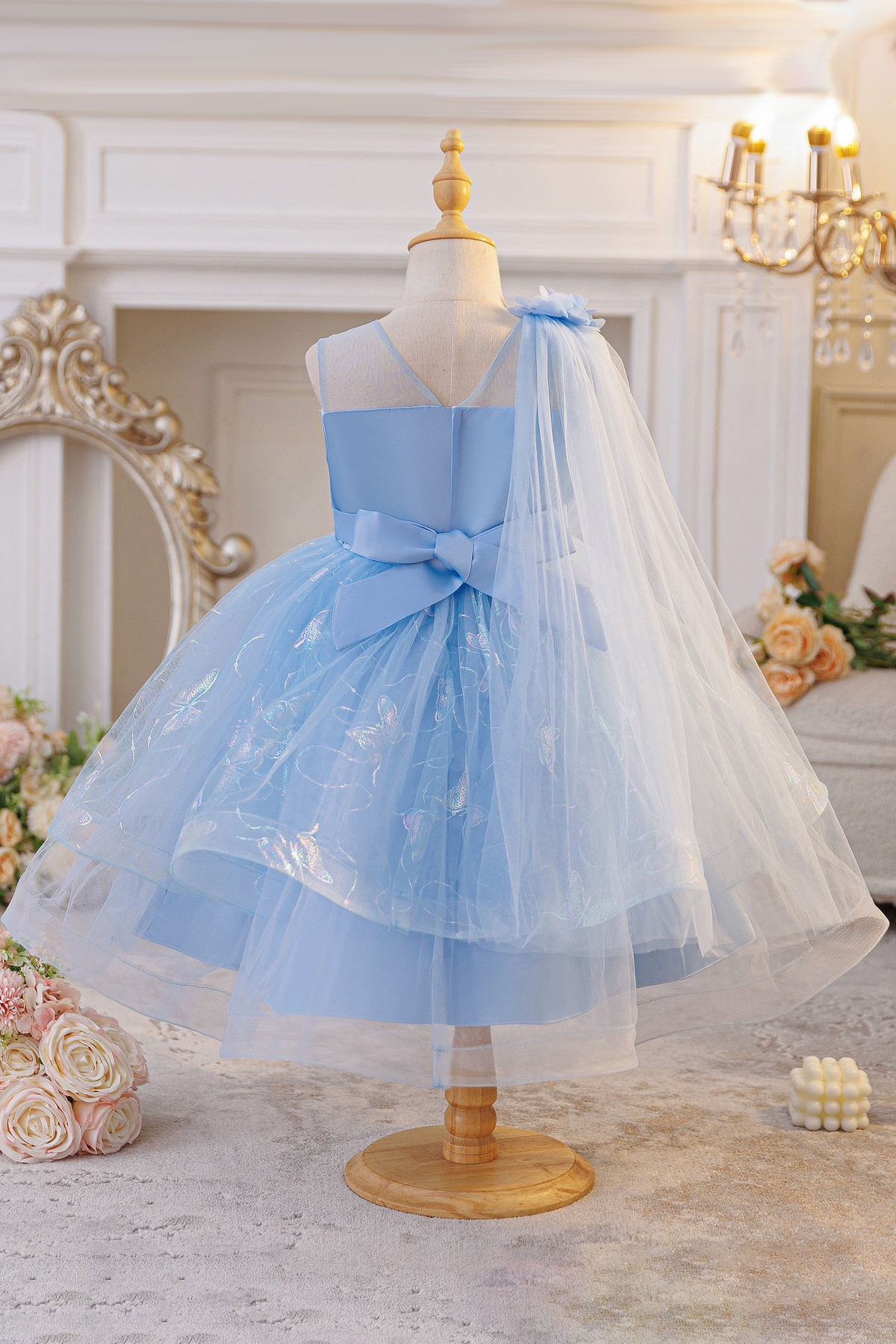 Pink Sequin Butterfly Print Tulle Dress with Floral Cape Shawl