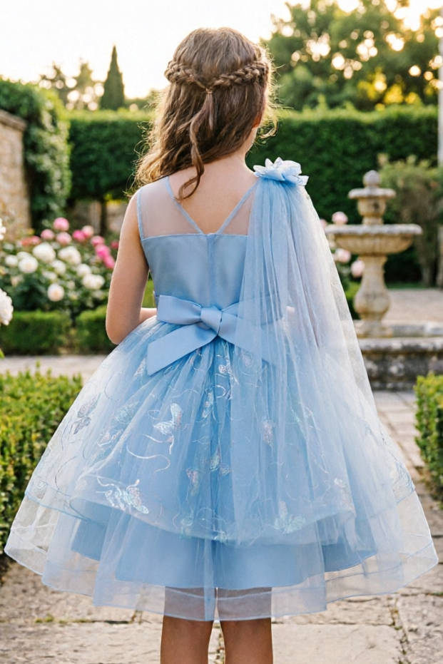 Pink Sequin Butterfly Print Tulle Dress with Floral Cape Shawl