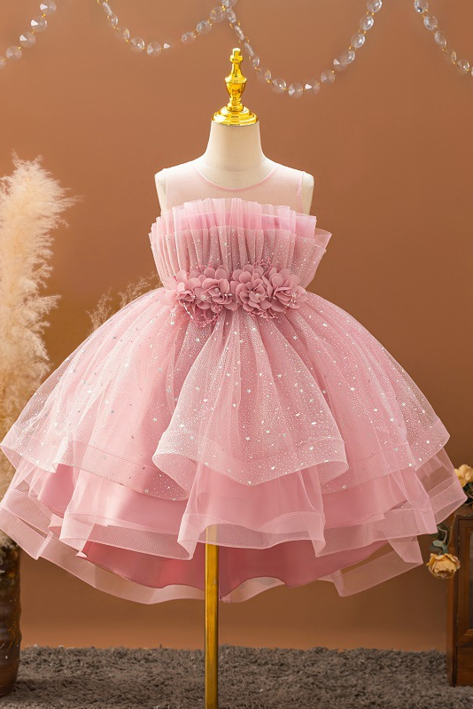 Pink Tulle Round Neck Floral Asymmetrical Hem Dress