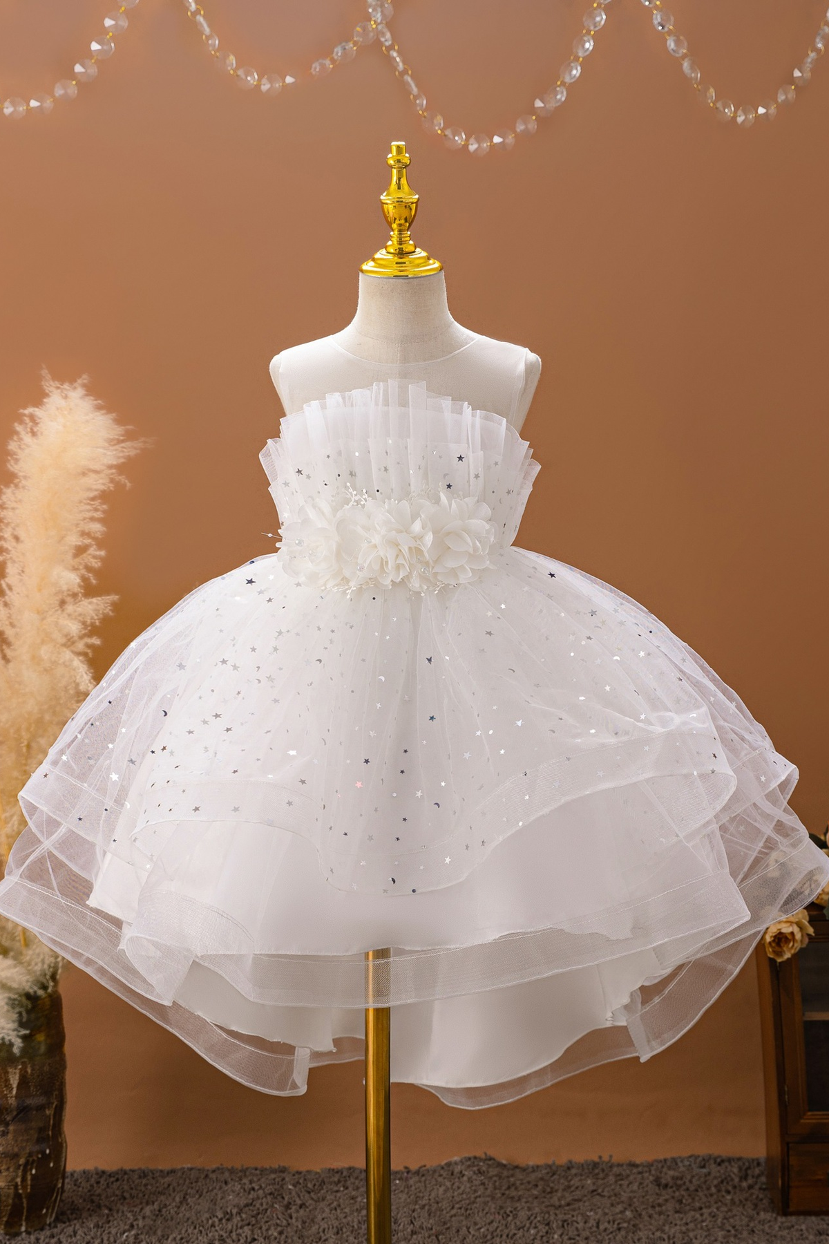 Pink Tulle Round Neck Floral Asymmetrical Hem Dress