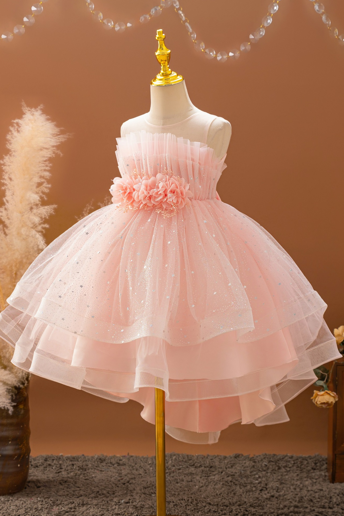 Pink Tulle Round Neck Floral Asymmetrical Hem Dress