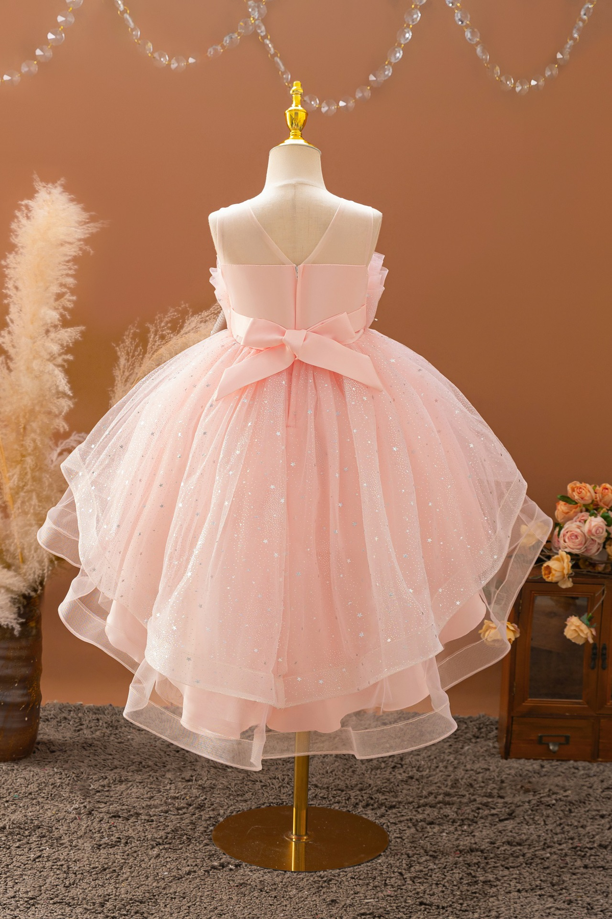 Pink Tulle Round Neck Floral Asymmetrical Hem Dress