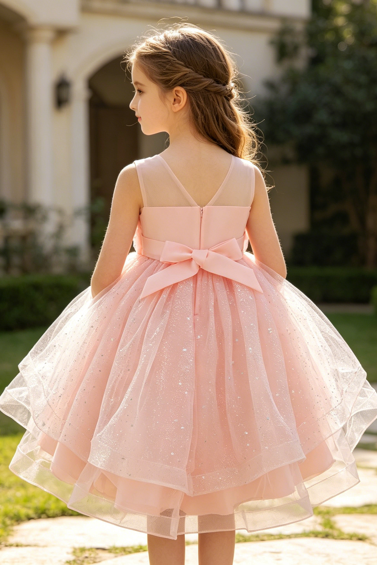 Pink Tulle Round Neck Floral Asymmetrical Hem Dress