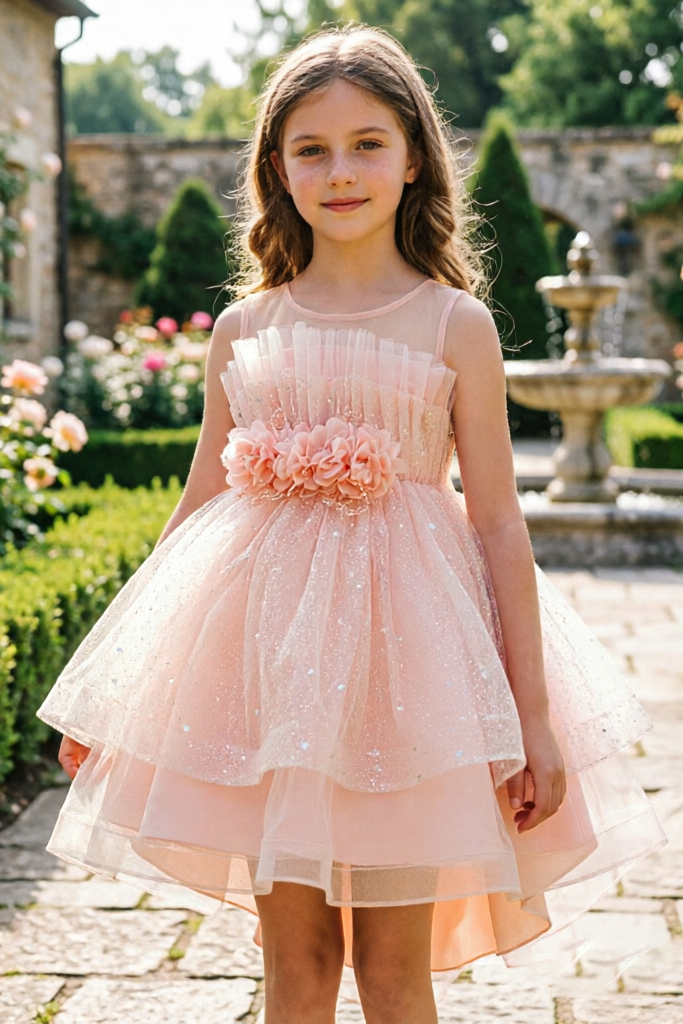Pink Tulle Round Neck Floral Asymmetrical Hem Dress