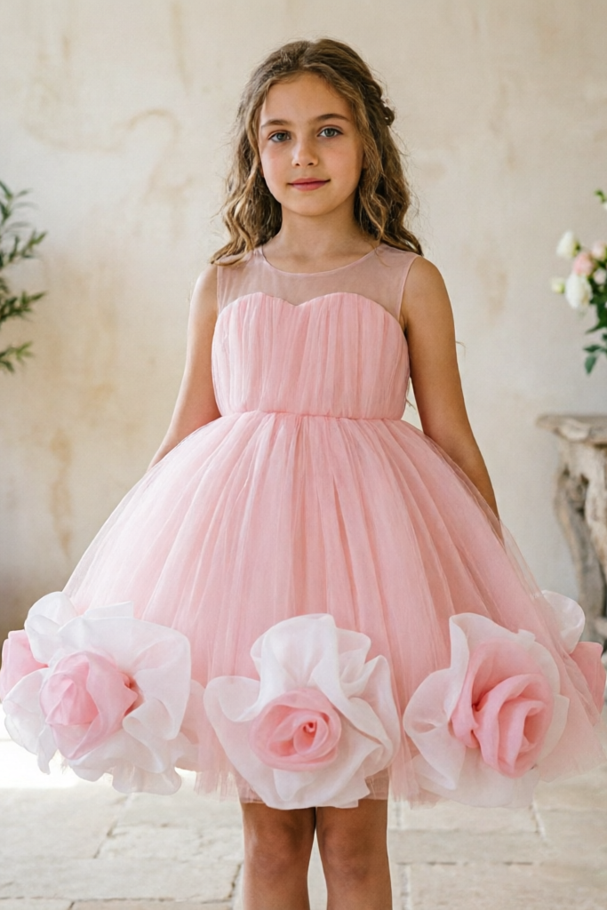 Pink Tulle Round Neck Big Pink & White Organza Flowers Dress