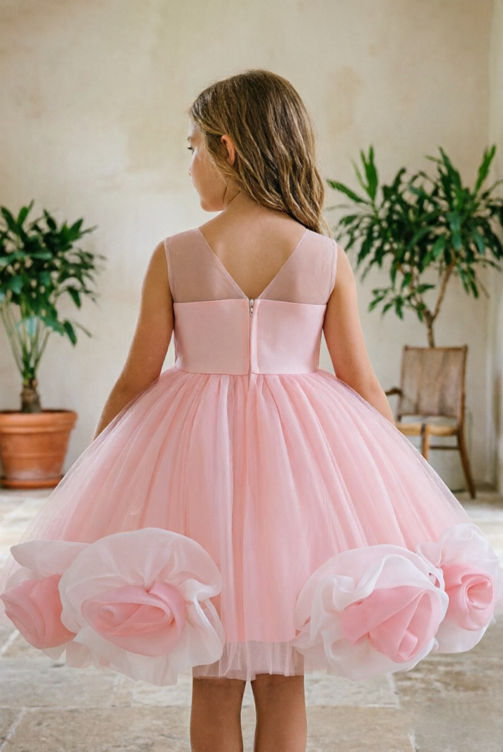 Pink Tulle Round Neck Big Pink & White Organza Flowers Dress