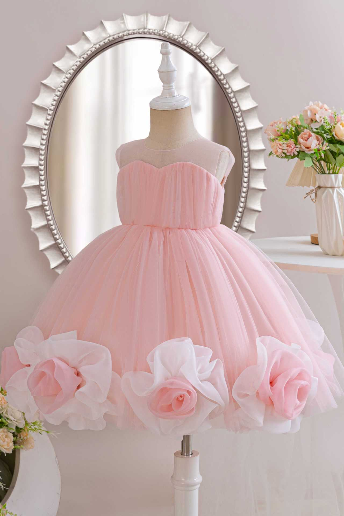 Pink Tulle Round Neck Big Pink & White Organza Flowers Dress