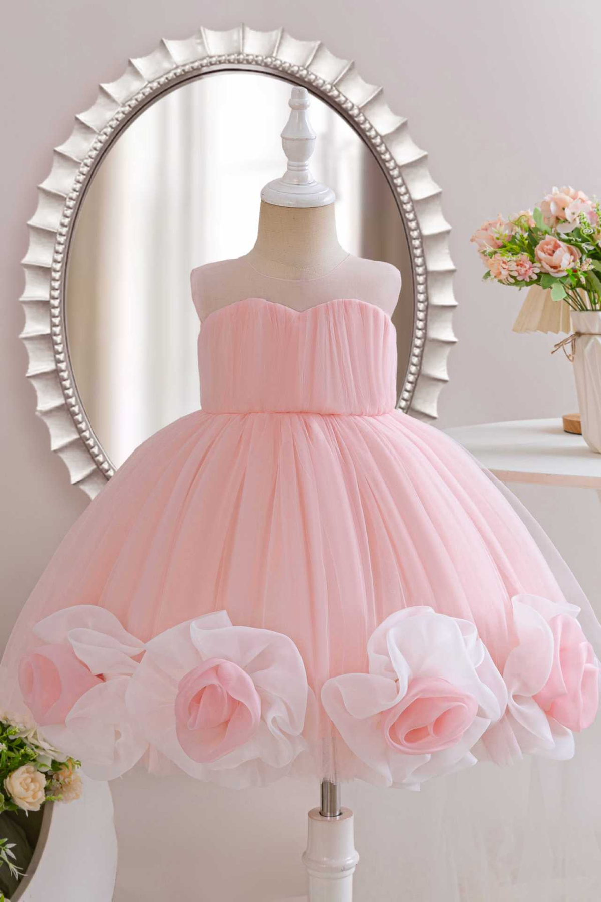 Pink Tulle Round Neck Big Pink & White Organza Flowers Dress