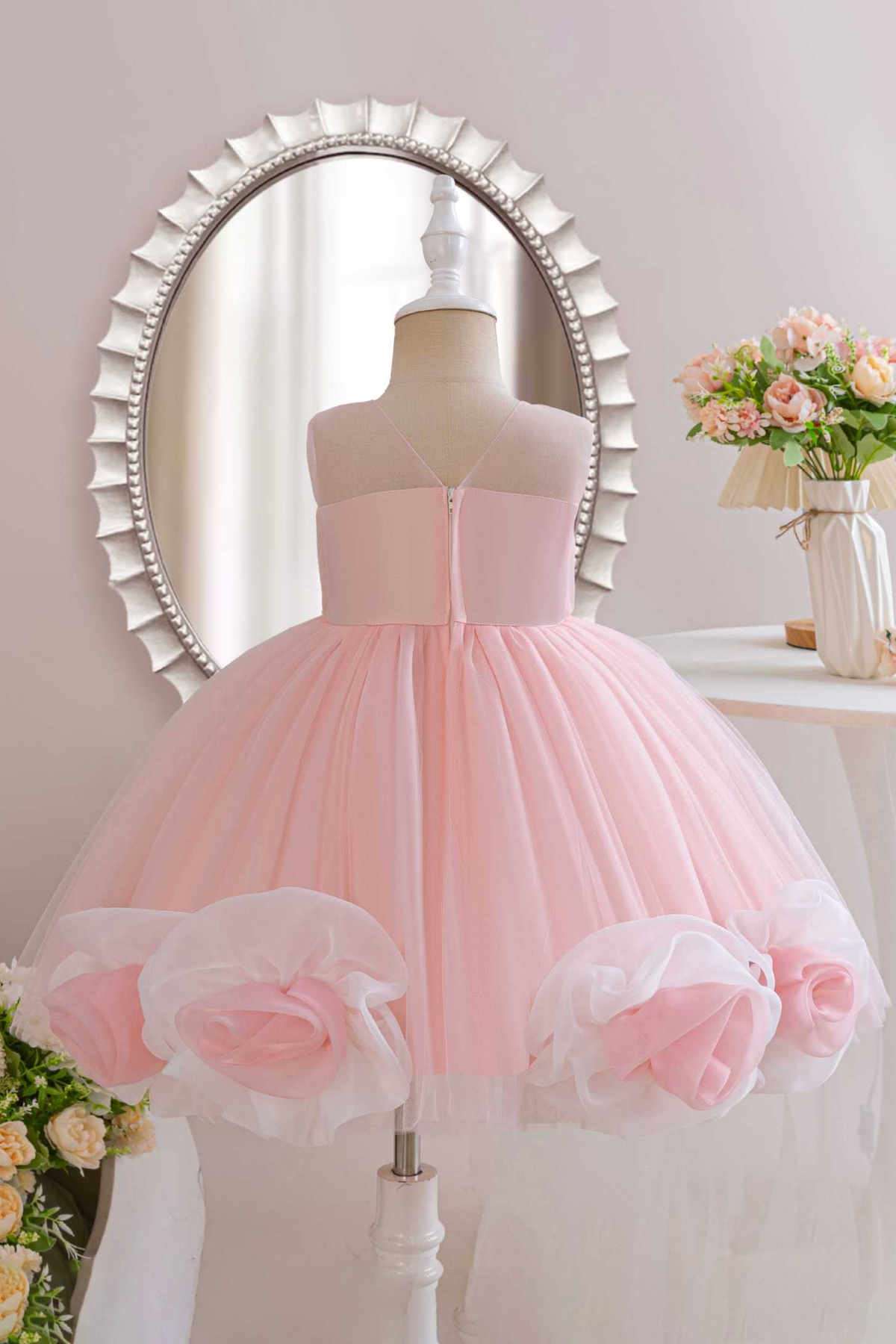 Pink Tulle Round Neck Big Pink & White Organza Flowers Dress