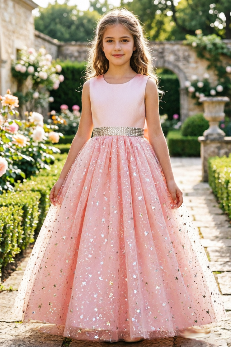 Light Pink Satin Round Neck Glitter Tulle Bow A-Line Flower Girl Dress
