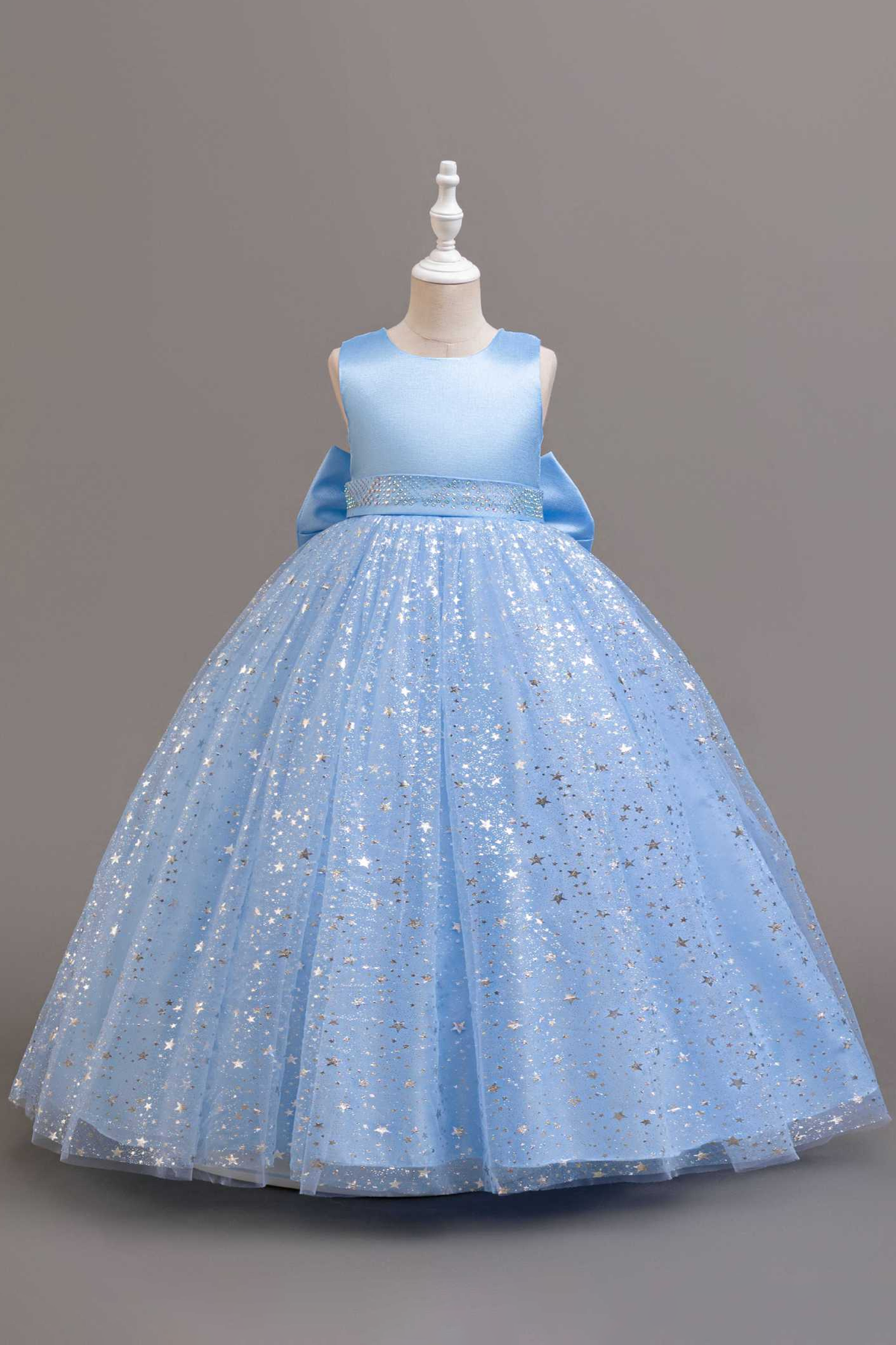 Light Pink Satin Round Neck Glitter Tulle Bow A-Line Flower Girl Dress