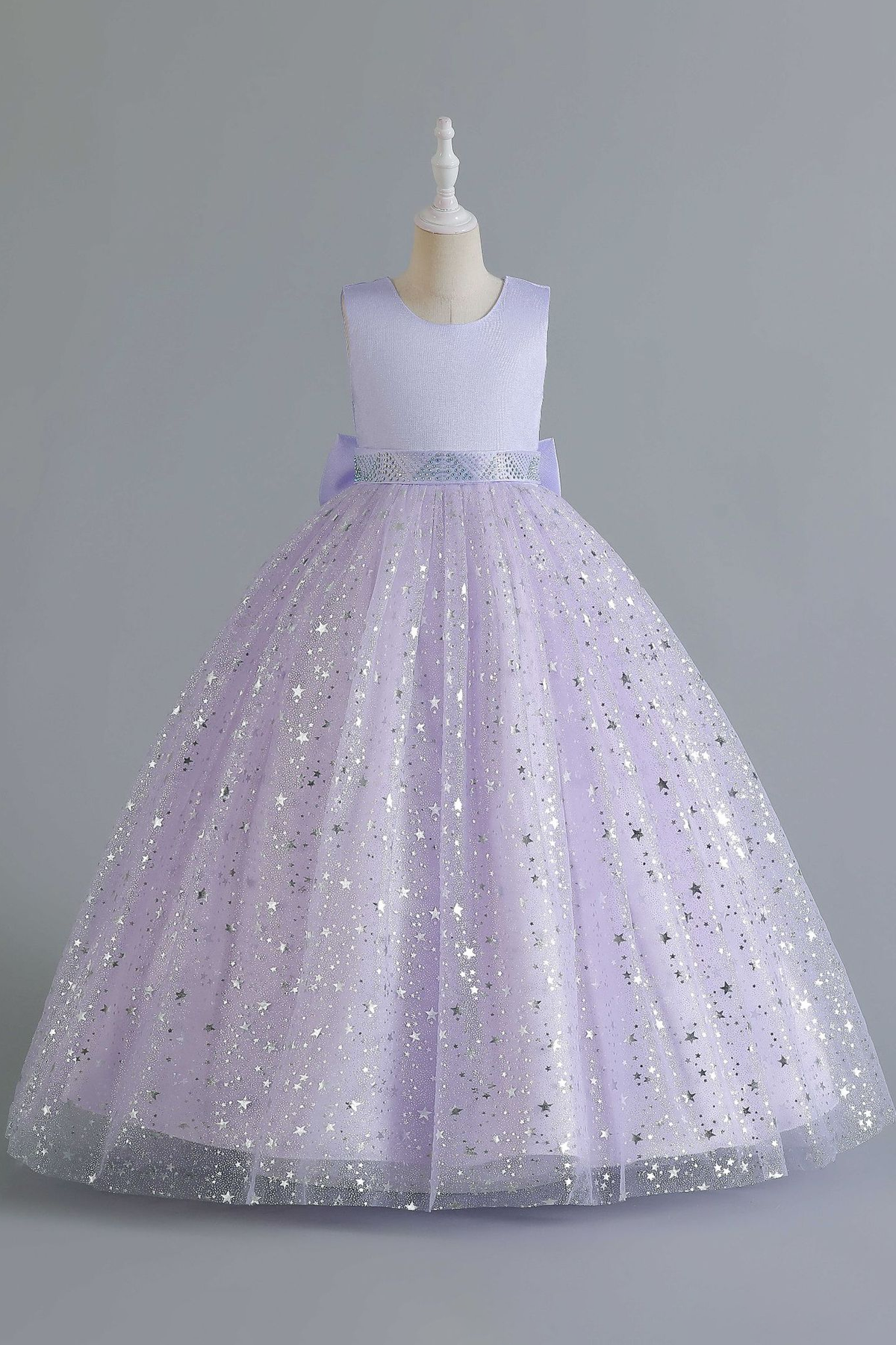 Light Pink Satin Round Neck Glitter Tulle Bow A-Line Flower Girl Dress