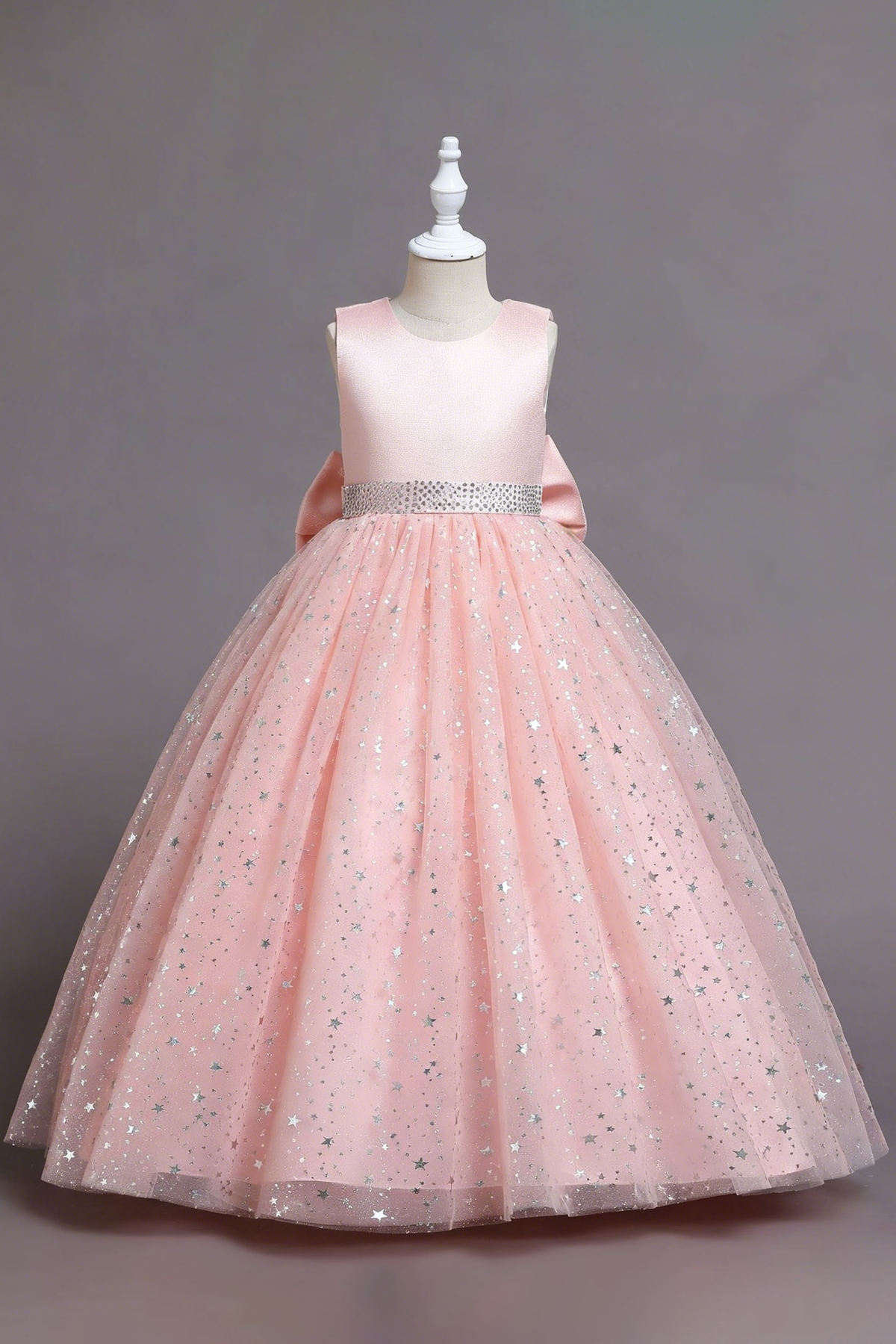 Light Pink Satin Round Neck Glitter Tulle Bow A-Line Flower Girl Dress
