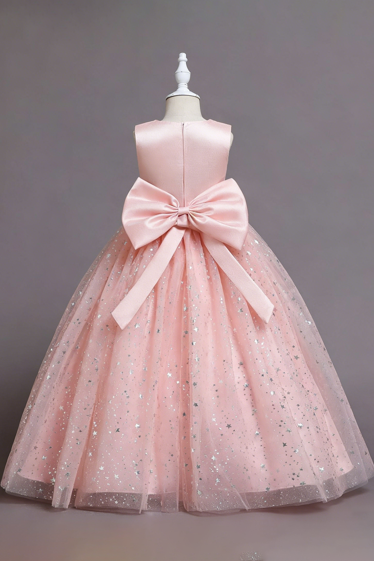 Light Pink Satin Round Neck Glitter Tulle Bow A-Line Flower Girl Dress