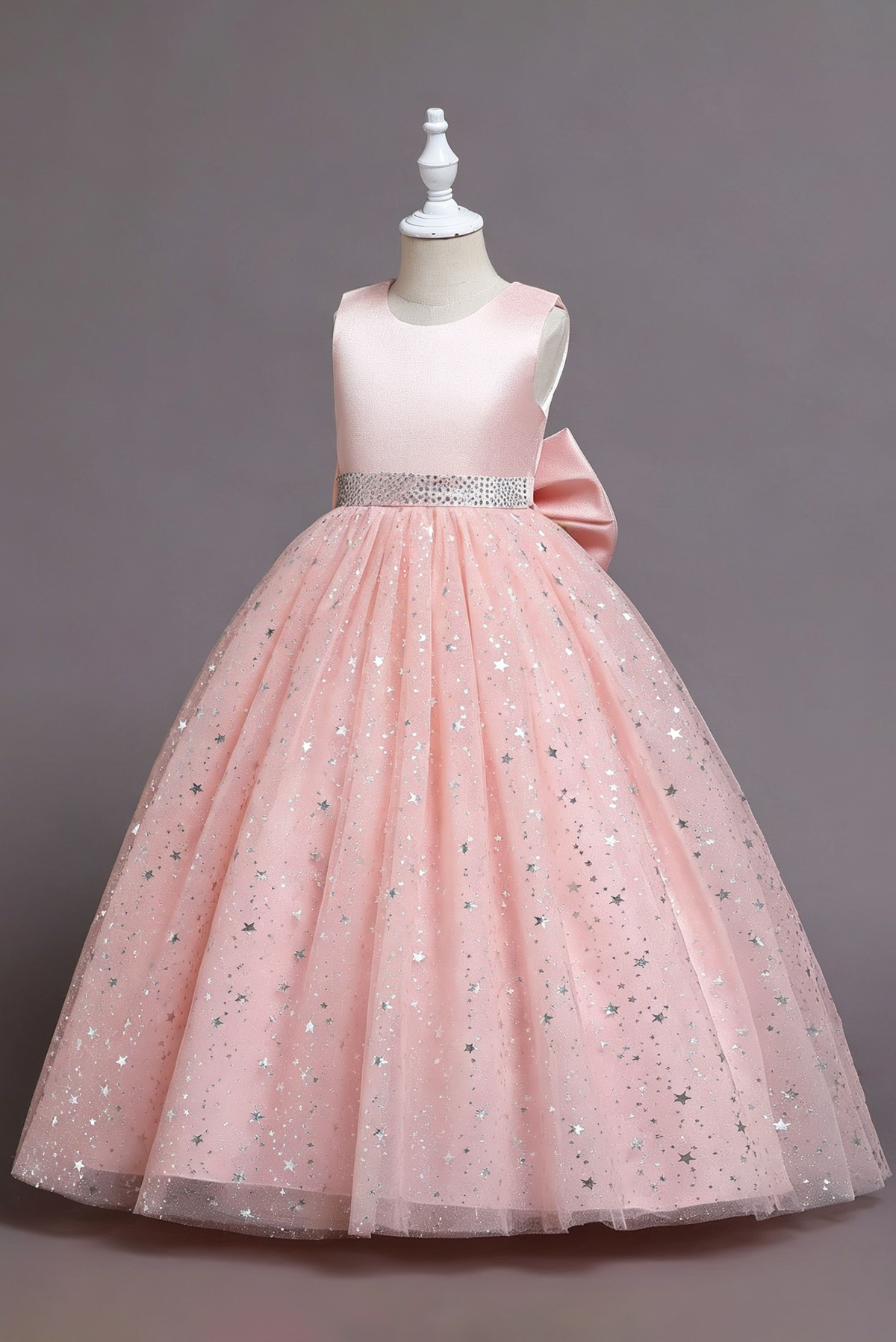 Light Pink Satin Round Neck Glitter Tulle Bow A-Line Flower Girl Dress