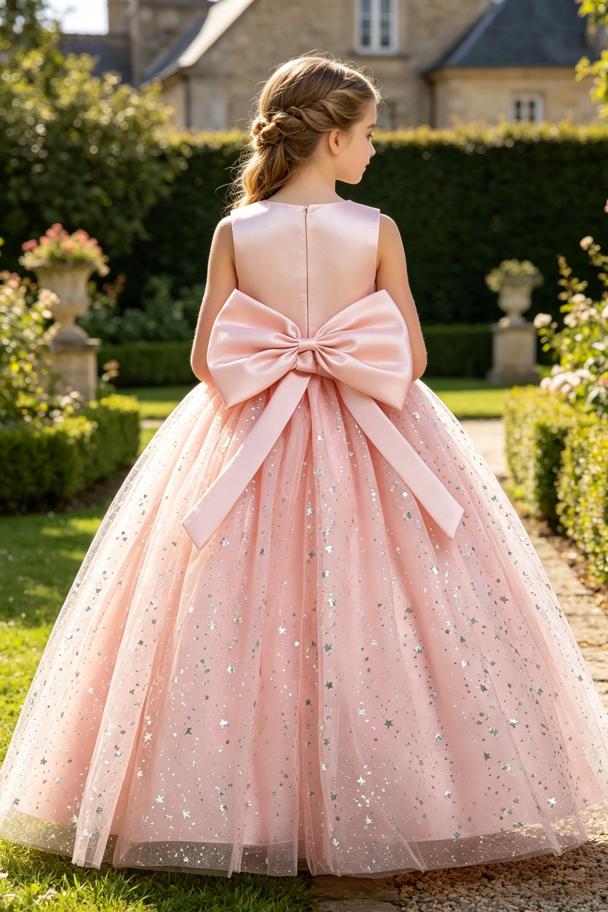 Light Pink Satin Round Neck Glitter Tulle Bow A-Line Flower Girl Dress