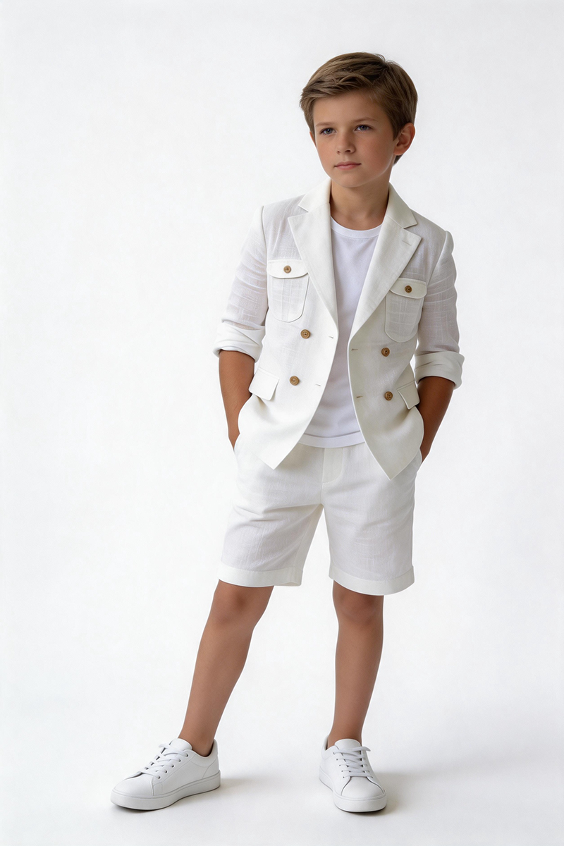 Boys White Linen-Blend Double-Breasted Blazer & Shorts 2-piece Suit