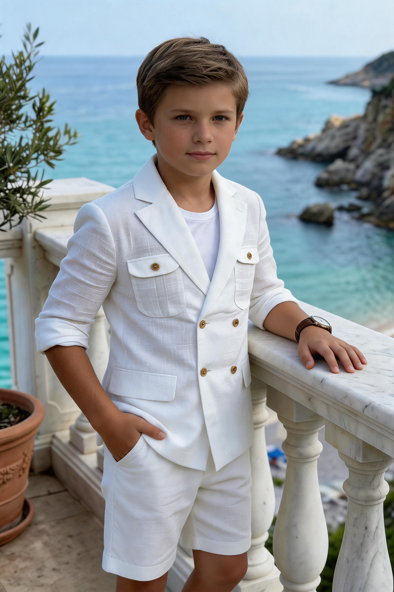 Boys White Linen-Blend Double-Breasted Blazer & Shorts 2-piece Suit