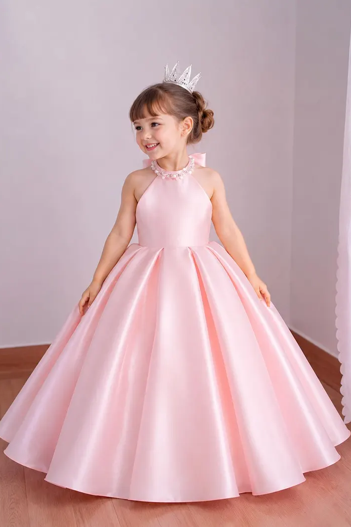 Pink Satin Halter-Neck A-Line Large Bow Flower Girl Dress