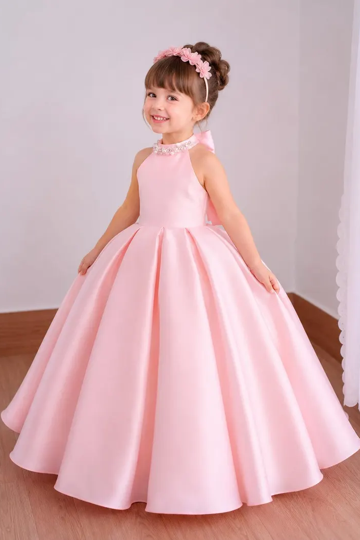 Pink Satin Halter-Neck A-Line Large Bow Flower Girl Dress