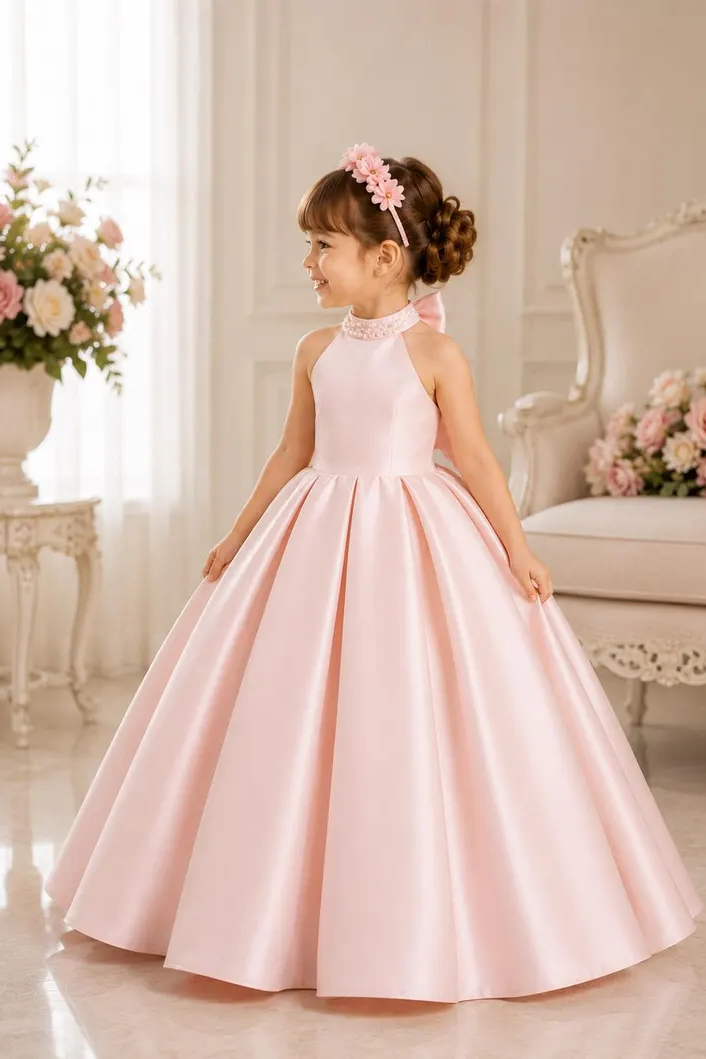 Pink Satin Halter-Neck A-Line Large Bow Flower Girl Dress