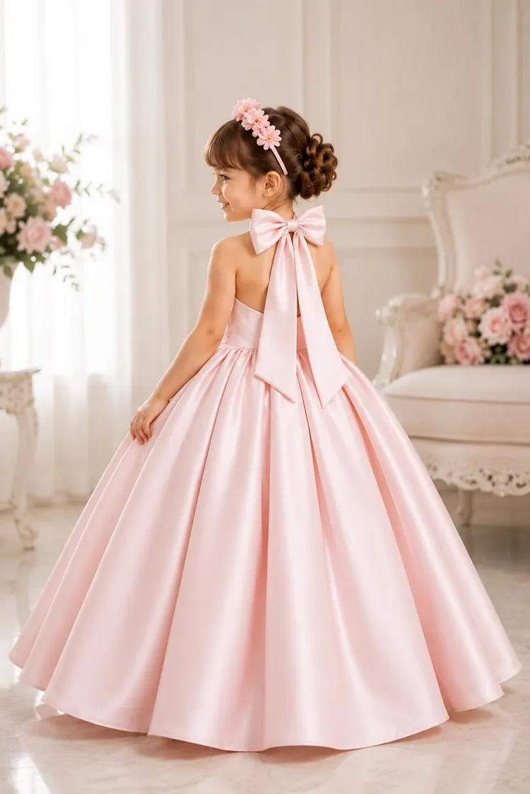 Pink Satin Halter-Neck A-Line Large Bow Flower Girl Dress