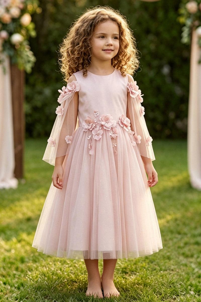 Girls Blush Pink Floral Tulle Dress for Wedding