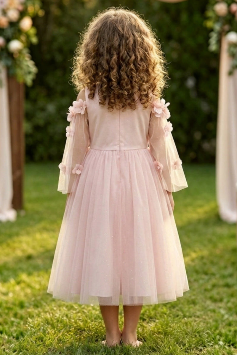 Girls Blush Pink Floral Tulle Dress for Wedding