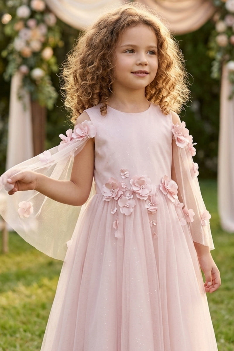 Girls Blush Pink Floral Tulle Dress for Wedding