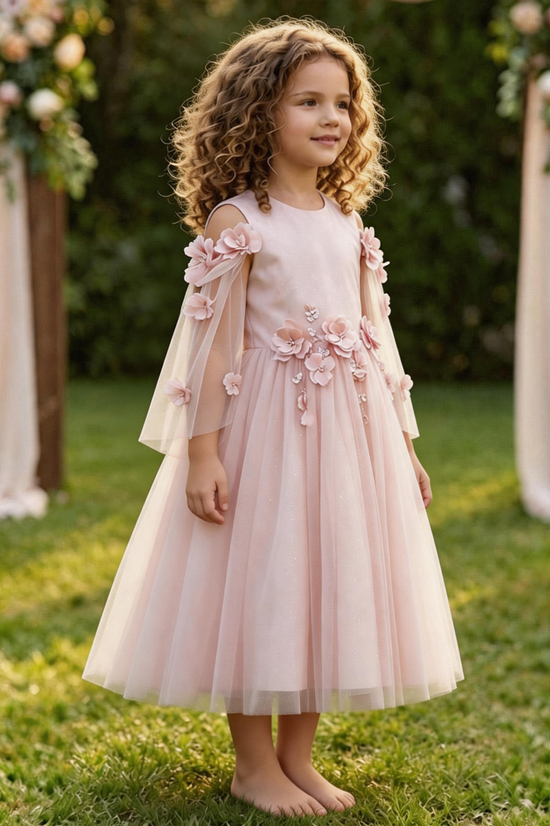 Girls Blush Pink Floral Tulle Dress for Wedding