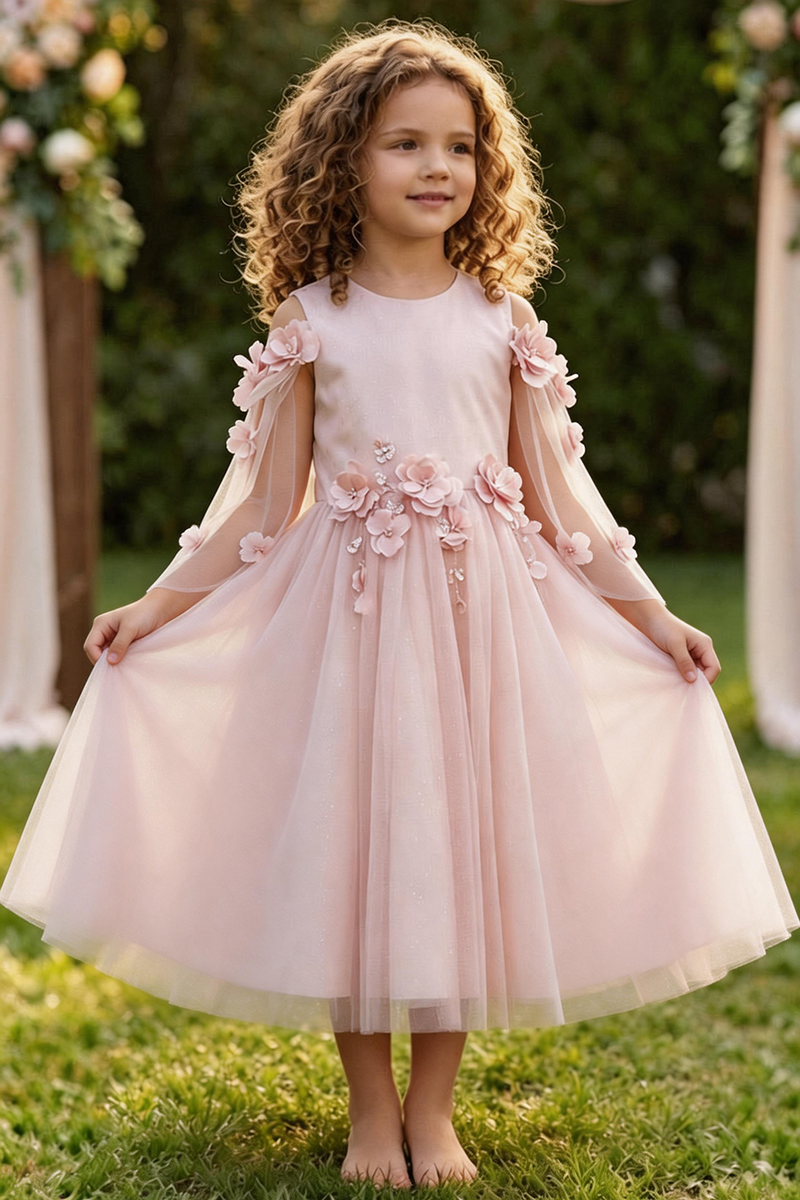Girls Blush Pink Floral Tulle Dress for Wedding