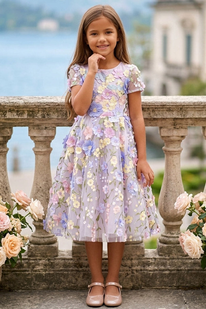 Girls Lavender Floral Tulle Dress for Wedding