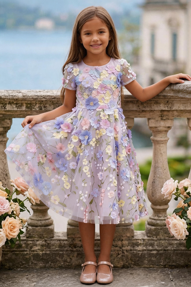 Girls Lavender Floral Tulle Dress for Wedding
