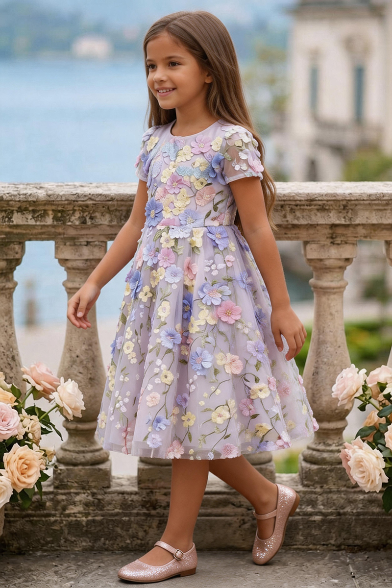 Girls Lavender Floral Tulle Dress for Wedding